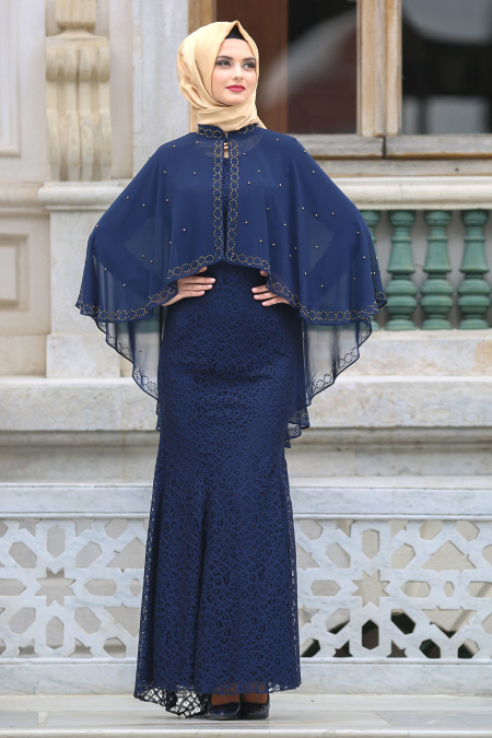 Evening Dresses - Navy Blue Hijab Dress 7658L