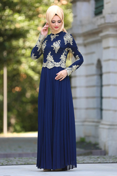 Evening Dresses - Navy Blue Hijab Dress 77221L