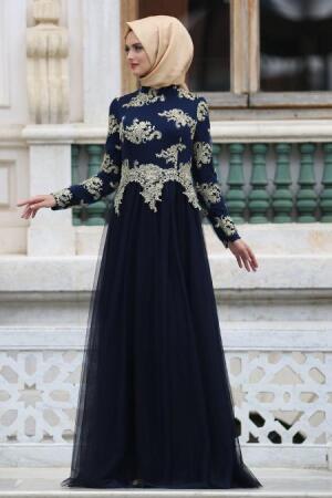 Evening Dresses - Navy Blue Hijab Dress 7763L - 1