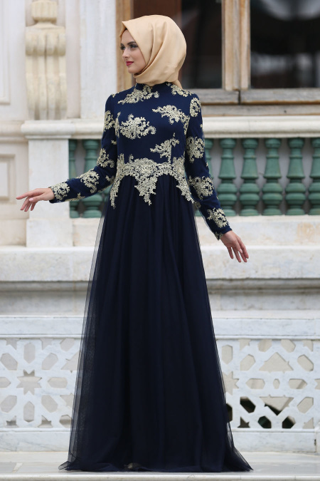 Evening Dresses - Navy Blue Hijab Dress 7763L