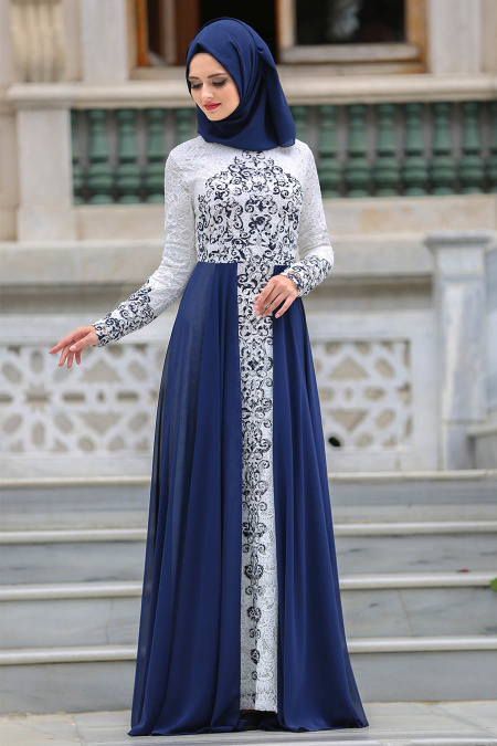 Evening Dresses - Navy Blue Hijab Dress 7784L
