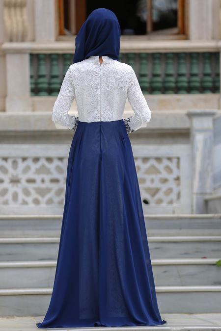 Evening Dresses - Navy Blue Hijab Dress 7784L - 2