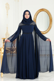Evening Dresses - Navy Blue Hijab Dress 8023L - Thumbnail