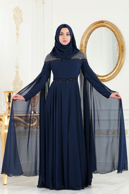 Evening Dresses - Navy Blue Hijab Dress 8023L - 2