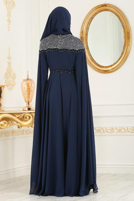 Evening Dresses - Navy Blue Hijab Dress 8023L - 3