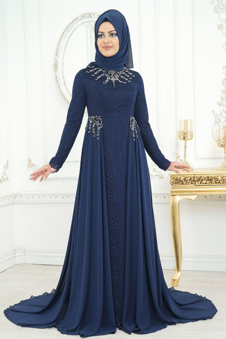 Evening Dresses - Navy Blue Hijab Dress 8057L
