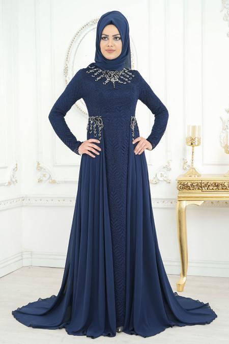 Evening Dresses - Navy Blue Hijab Dress 8057L - 2
