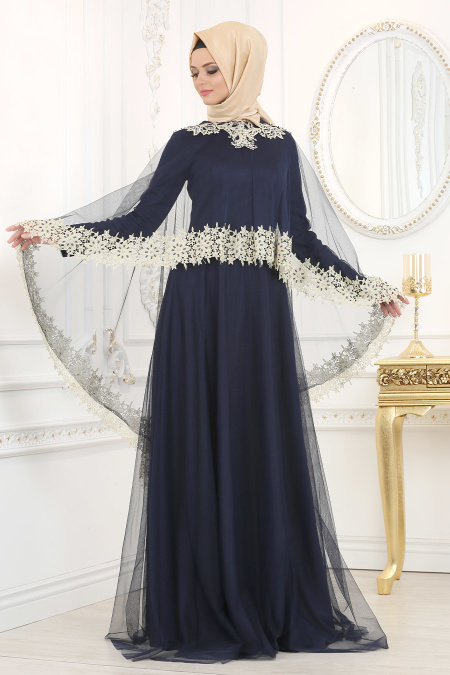 Evening Dresses - Navy Blue Hijab Evening Dress 2012L