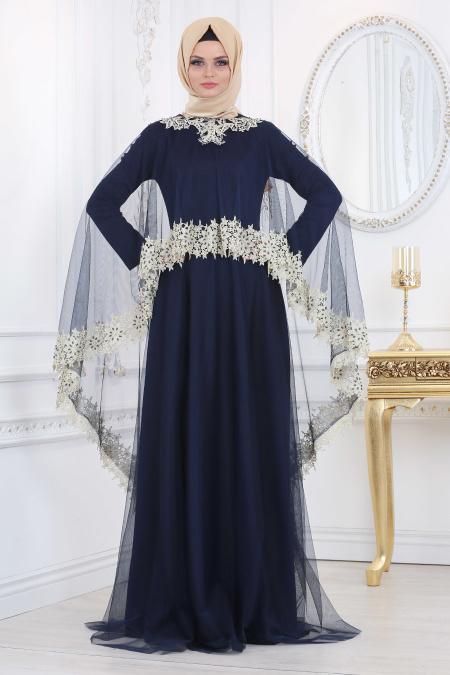 Evening Dresses - Navy Blue Hijab Evening Dress 2012L - 2