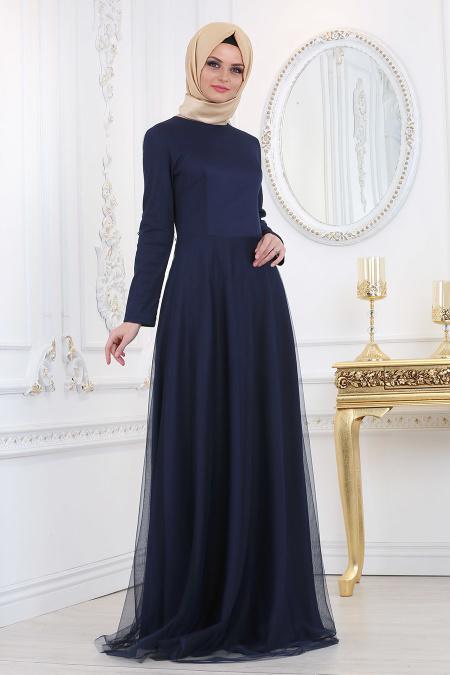 Evening Dresses - Navy Blue Hijab Evening Dress 2012L - 3