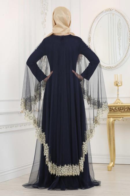 Evening Dresses - Navy Blue Hijab Evening Dress 2012L - 4