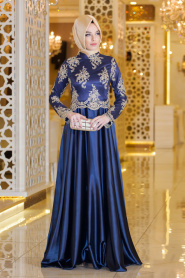 Evening Dresses - Navy Blue Hijab Evening Dress 7363L - Thumbnail