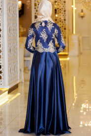 Evening Dresses - Navy Blue Hijab Evening Dress 7363L - Thumbnail