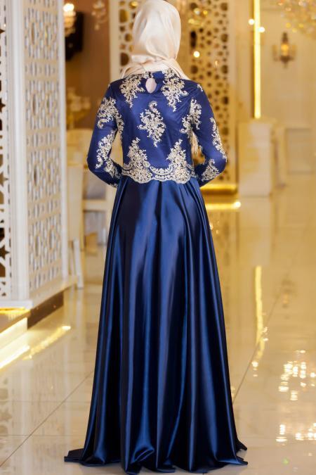 Evening Dresses - Navy Blue Hijab Evening Dress 7363L - 2