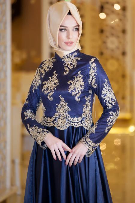 Evening Dresses - Navy Blue Hijab Evening Dress 7363L - 3