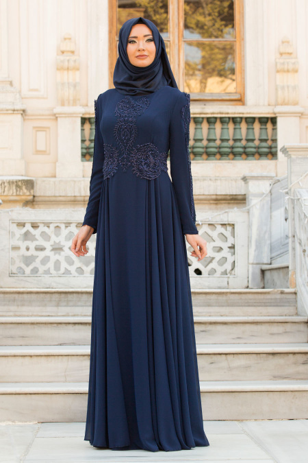 Evening Dresses - Navy Blue Hijab Evening Dress 7539L