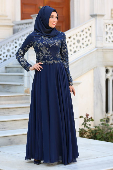 Evening Dresses - Navy Blue Hijab Evening Dress 7547L