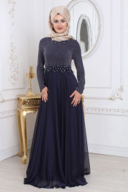 Evening Dresses - Navy Blue Hijab Evening Dress 7950L - Thumbnail