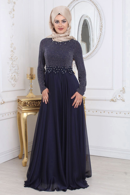 Evening Dresses - Navy Blue Hijab Evening Dress 7950L