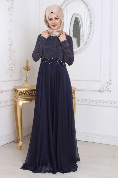 Evening Dresses - Navy Blue Hijab Evening Dress 7950L - 2