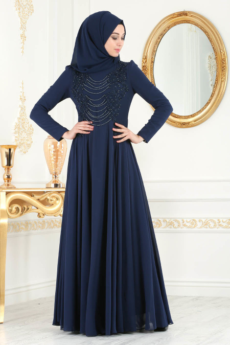 Evening Dresses - Navy Blue Hijab Evening Dress 7954L
