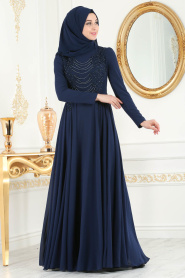 Evening Dresses - Navy Blue Hijab Evening Dress 7954L - Thumbnail