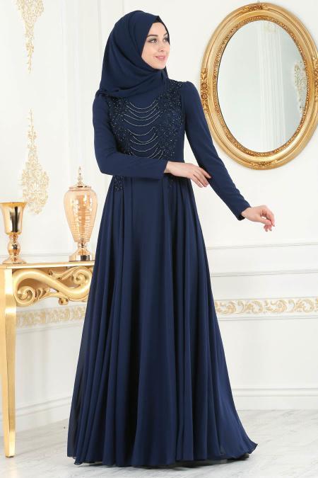 Evening Dresses - Navy Blue Hijab Evening Dress 7954L - 2