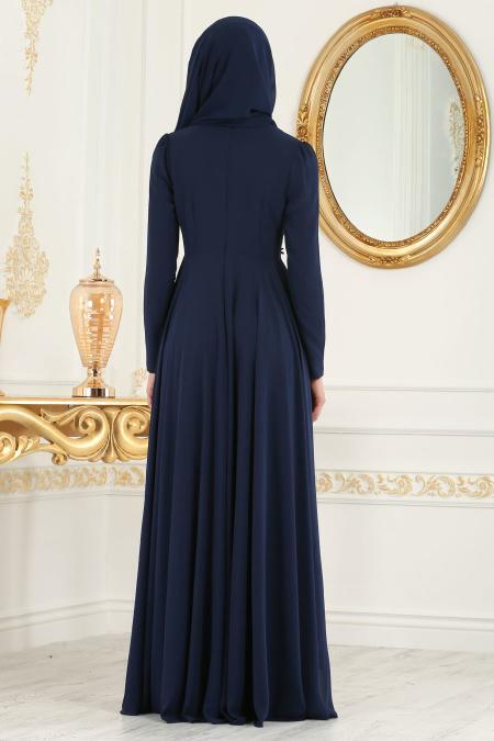 Evening Dresses - Navy Blue Hijab Evening Dress 7954L - 3