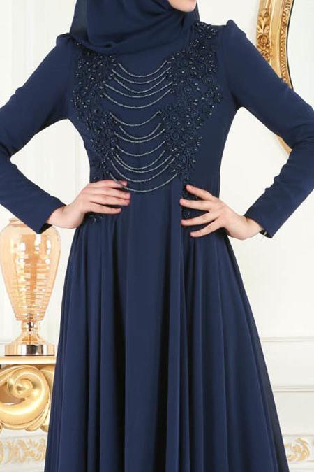 Evening Dresses - Navy Blue Hijab Evening Dress 7954L - 4