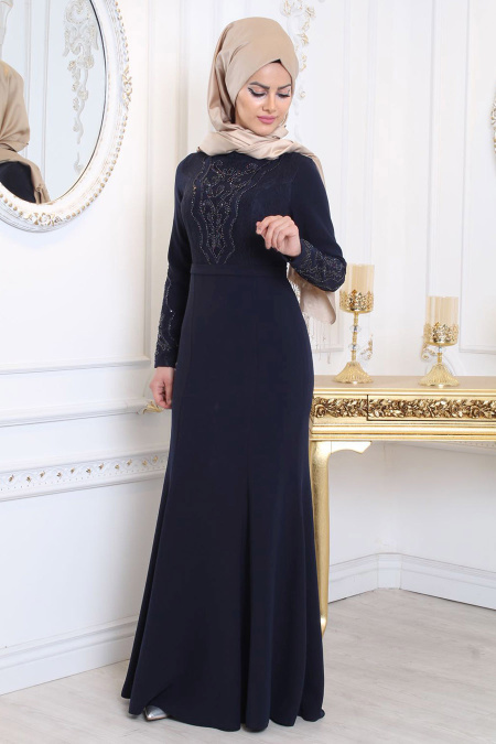 Evening Dresses - Navy Blue Hijab Evening Dress 7956L
