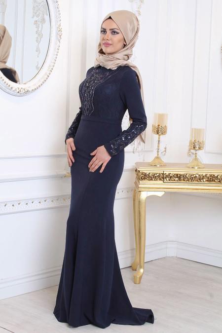 Evening Dresses - Navy Blue Hijab Evening Dress 7956L - 2