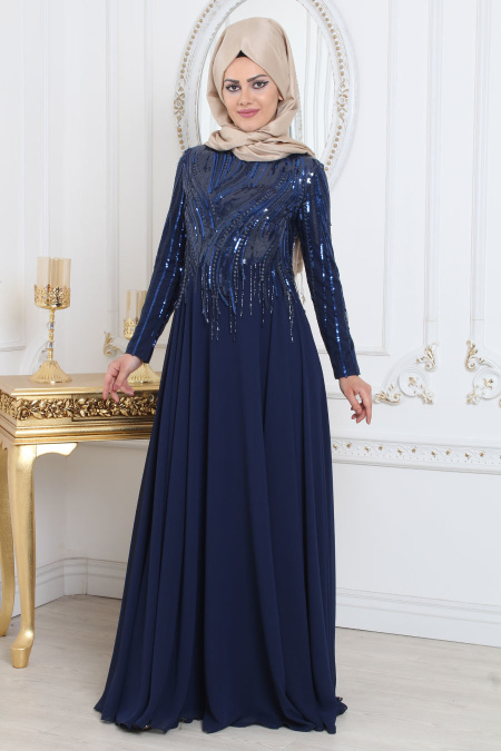 Evening Dresses - Navy Blue Hijab Evening Dress 7962L