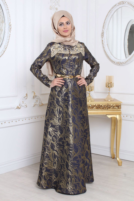Evening Dresses - Navy Blue Hijab Evening Dress 7974L