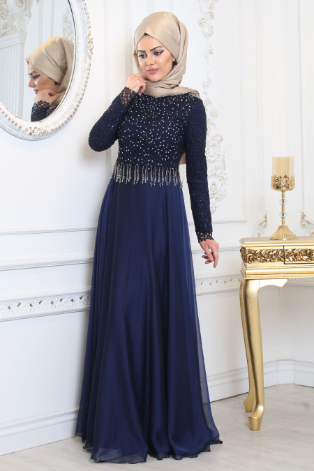 Evening Dresses - Navy Blue Hijab Evening Dress 7991L