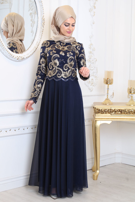 Evening Dresses - Navy Blue Hijab Evening Dress 80090L