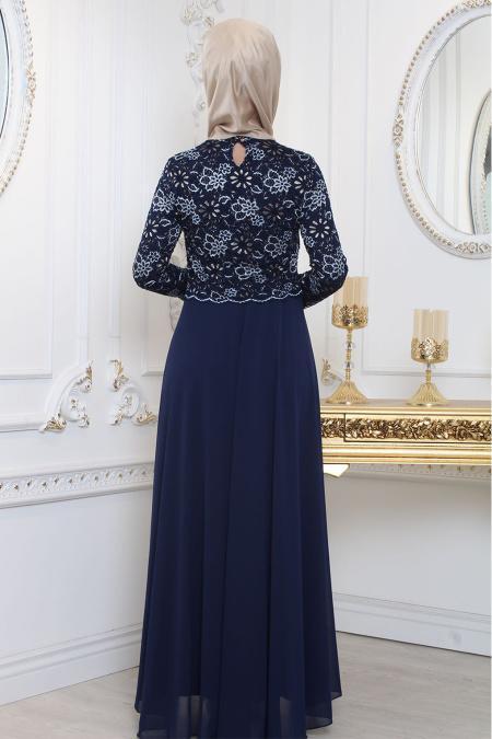 Evening Dresses - Navy Blue Hijab Evening Dress 80110L - 2