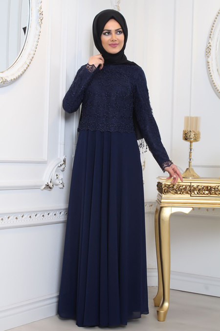 Evening Dresses - Navy Blue Hijab Evening Dress 80160L