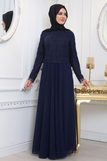 Evening Dresses - Navy Blue Hijab Evening Dress 80160L - 2