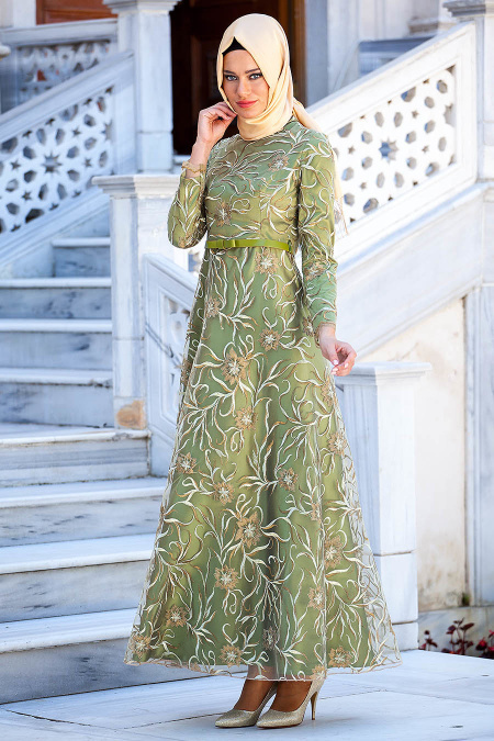 Evening Dresses - Oil Green Hijab Dress 2218YY