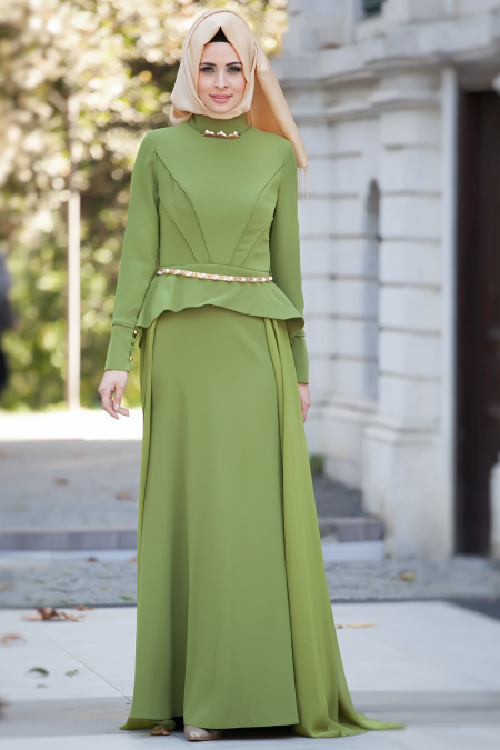 Evening Dresses - Oil Green Hijab Dress 2231YY