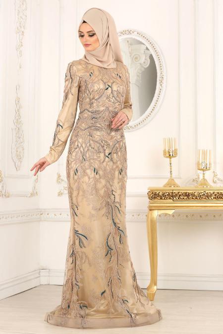 Evening Dresses - Petrol Blue Hijab Dress 44870PM - 1