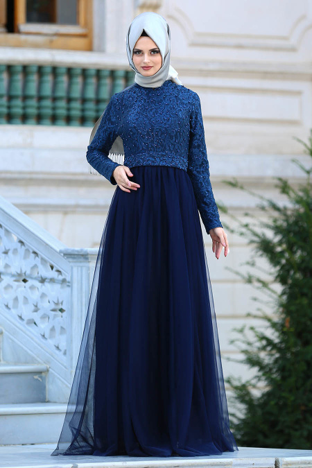 Evening Dresses - Petrol Blue Hijab Evening Dress 75451PM