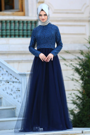 Evening Dresses - Petrol Blue Hijab Evening Dress 75451PM - Thumbnail