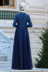 Evening Dresses - Petrol Blue Hijab Evening Dress 75451PM - Thumbnail