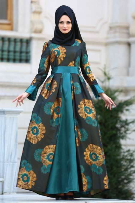 Evening Dresses - Petrol Green Hijab Dress 24680PY