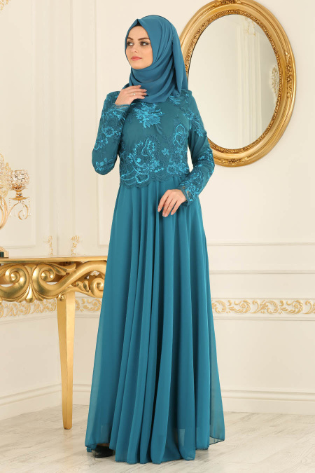 Evening Dresses - Petrol Green Hijab Dress 76462PY
