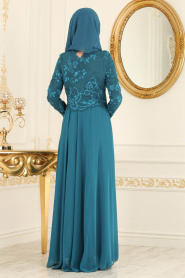 Evening Dresses - Petrol Green Hijab Dress 76462PY - Thumbnail