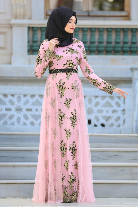 Evening Dresses - Pink Hijab Dress 6370P