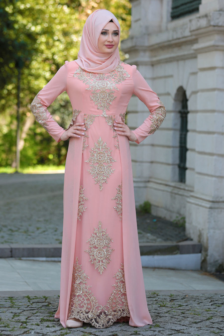 Evening Dresses - Pink Hijab Dress 7573P