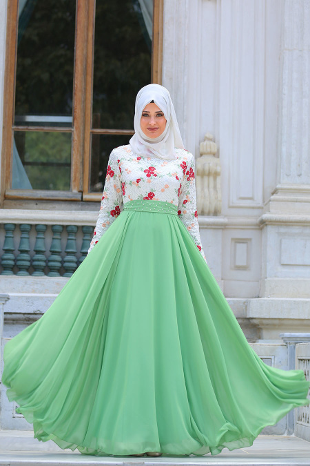 Evening Dresses - Pistachio Green Hijab Dress 7617FY